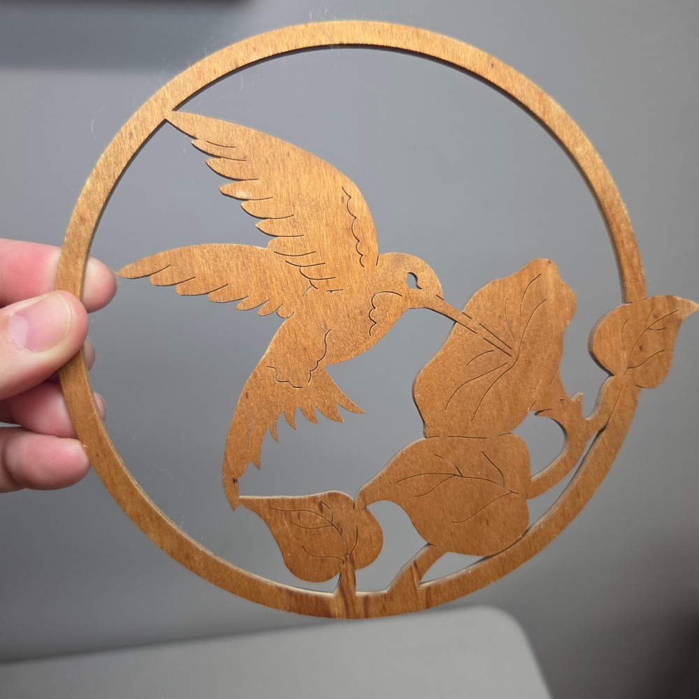 Vintage Wood Fretwork Hummingbird Wall Hanging Round Scroll Saw Art 7 Inch